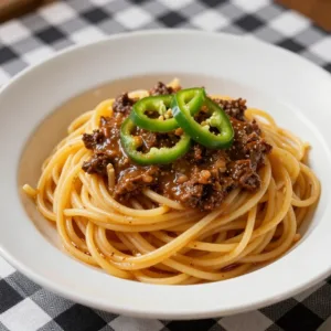 A plate of spaghetti topped with a unique blend of sauces and garnished with herbs, showcasing the TikTok viral trend.
