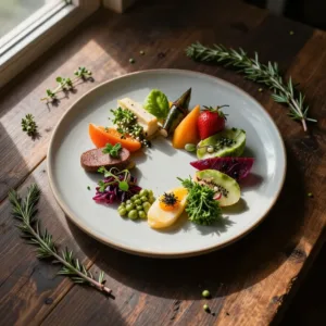 A beautifully arranged minimalist food board featuring fresh fruits, vegetables, and artisanal cheeses.