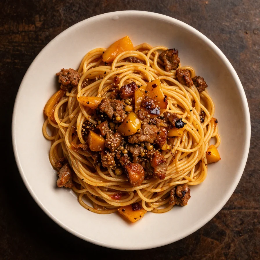 A plate of spaghetti with a messy sauce and garnished with herbs