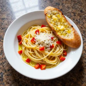 A plate of viral dirty spaghetti garnished with fresh herbs and parmesan cheese