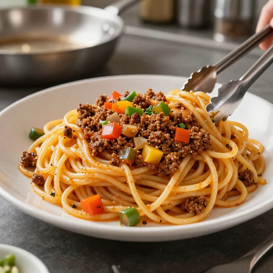 A close-up of a plate of dirty spaghetti topped with a rich, savory sauce and garnished with fresh herbs.