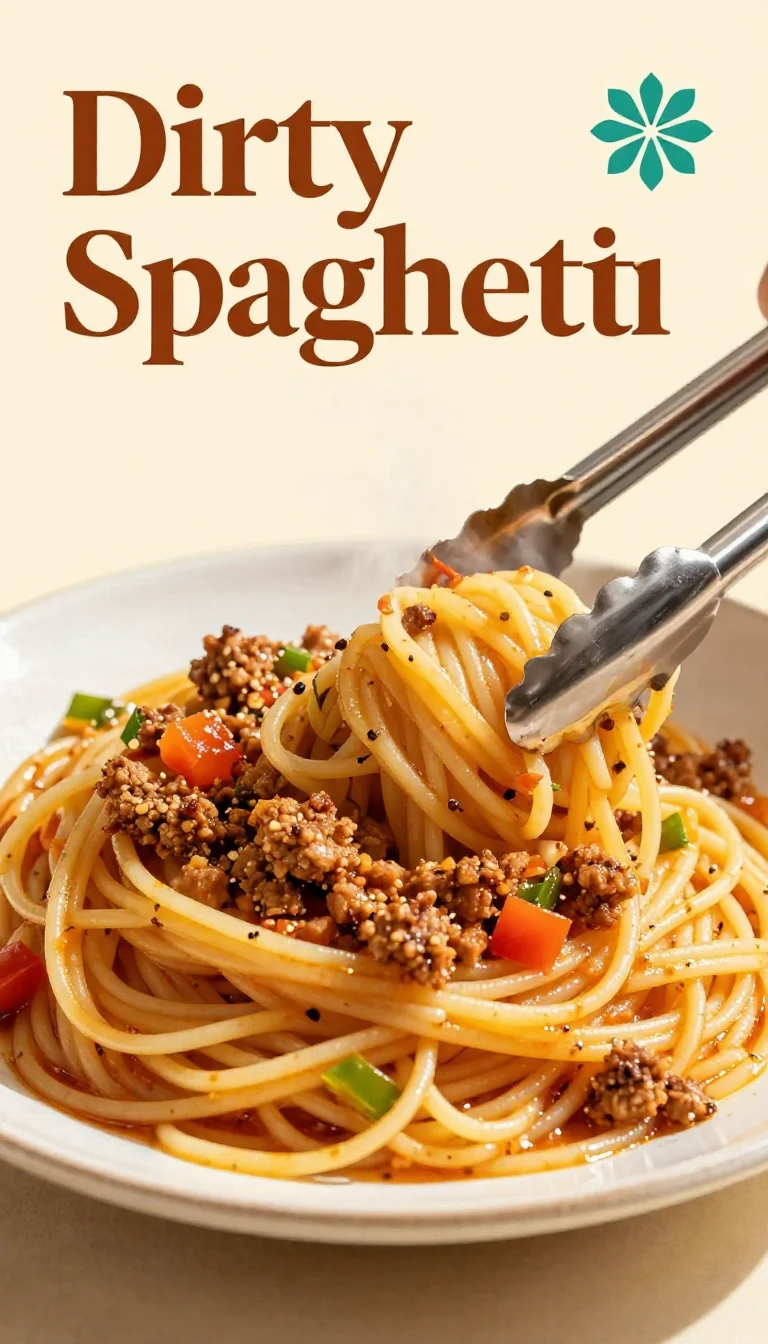 A close-up of a plate of dirty spaghetti topped with a rich, savory sauce and garnished with fresh herbs.