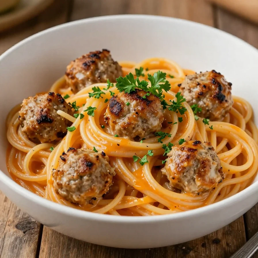 A plate of creamy dirty spaghetti topped with melted cheese and herbs