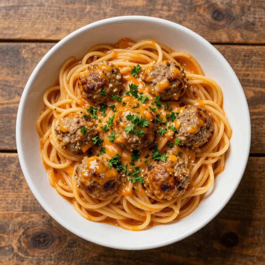 A plate of creamy dirty spaghetti topped with melted cheese and herbs
