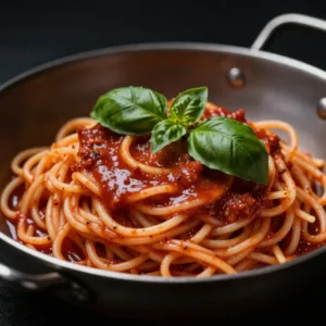 A plate of dirty spaghetti topped with fresh herbs and grated cheese, ready to serve.