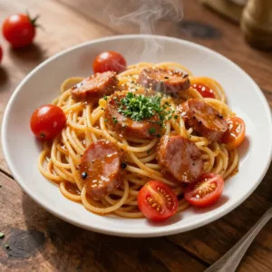 A plate of Cajun dirty spaghetti topped with fresh parsley and served with garlic bread