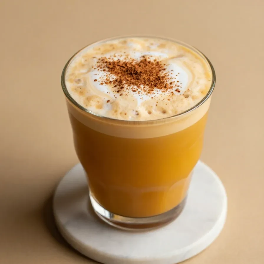 A Starbucks Iced Pumpkin Cream Chai Tea Latte in a clear cup with creamy foam topping.