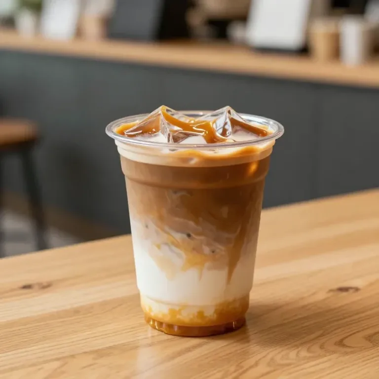 A close-up of a Starbucks Pumpkin Caramel Macchiato in a clear glass mug, topped with whipped cream and caramel drizzle.