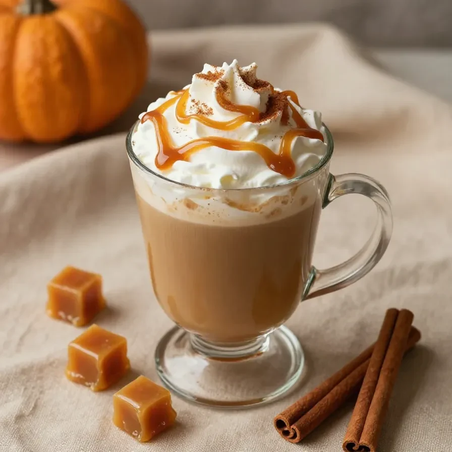 A Starbucks-inspired salted caramel pumpkin spice latte served in a cozy autumn setting.