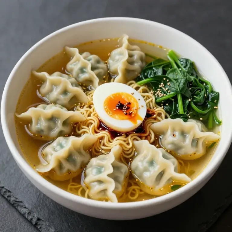 A savory bowl of ramen topped with dumplings, soft-boiled eggs, and fresh greens.
