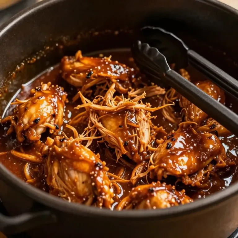Crockpot BBQ Chicken Recipe for Juicy Pulled Chicken A crockpot filled with freshly cooked BBQ chicken for a pulled chicken recipe.