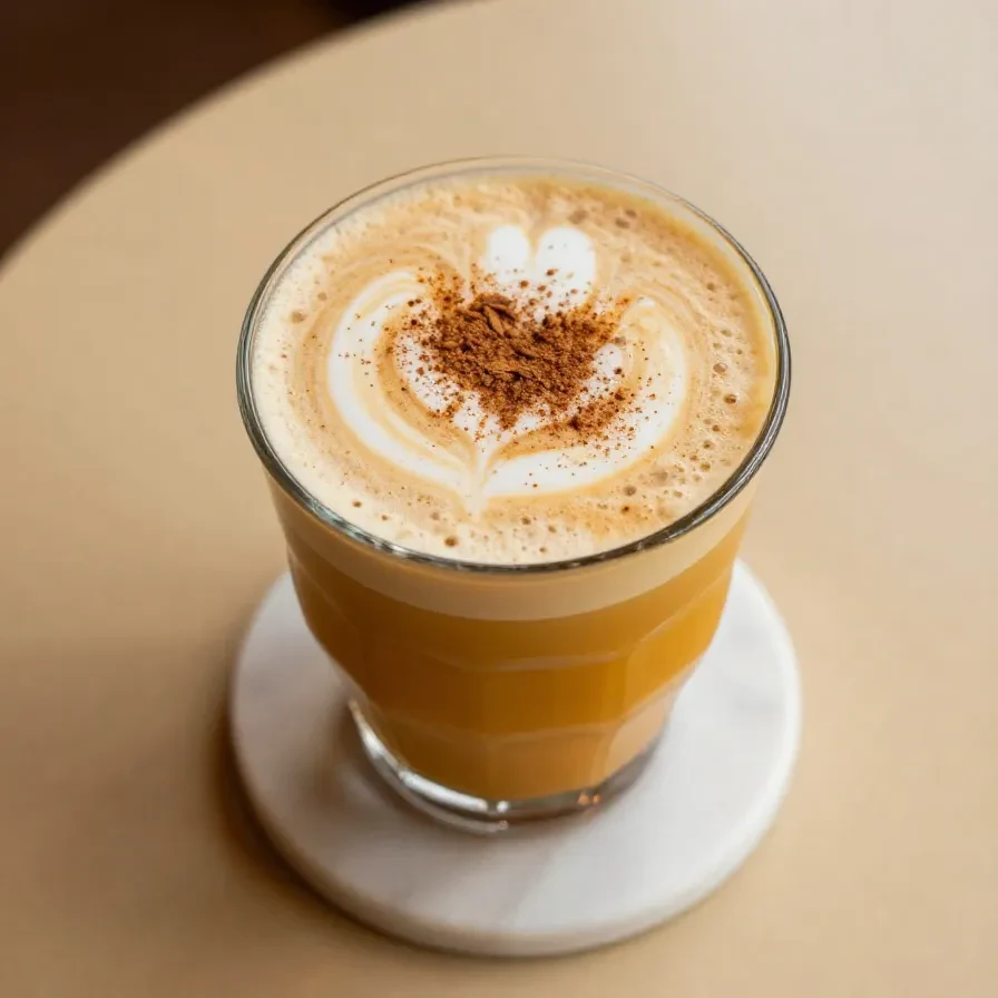 A Starbucks Iced Pumpkin Cream Chai Tea Latte in a clear cup with creamy foam topping.