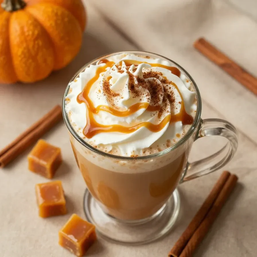 A Starbucks-inspired salted caramel pumpkin spice latte served in a cozy autumn setting.