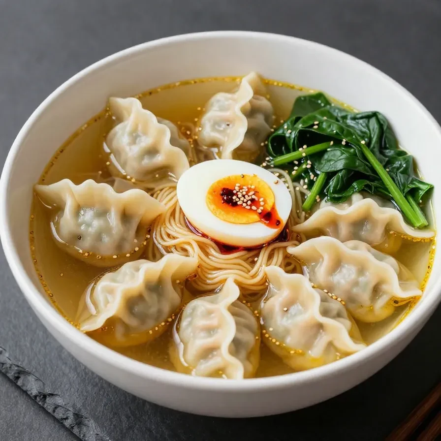 A savory bowl of ramen topped with dumplings, soft-boiled eggs, and fresh greens.