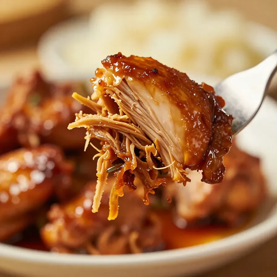 A crockpot filled with freshly cooked BBQ chicken for a pulled chicken recipe.
