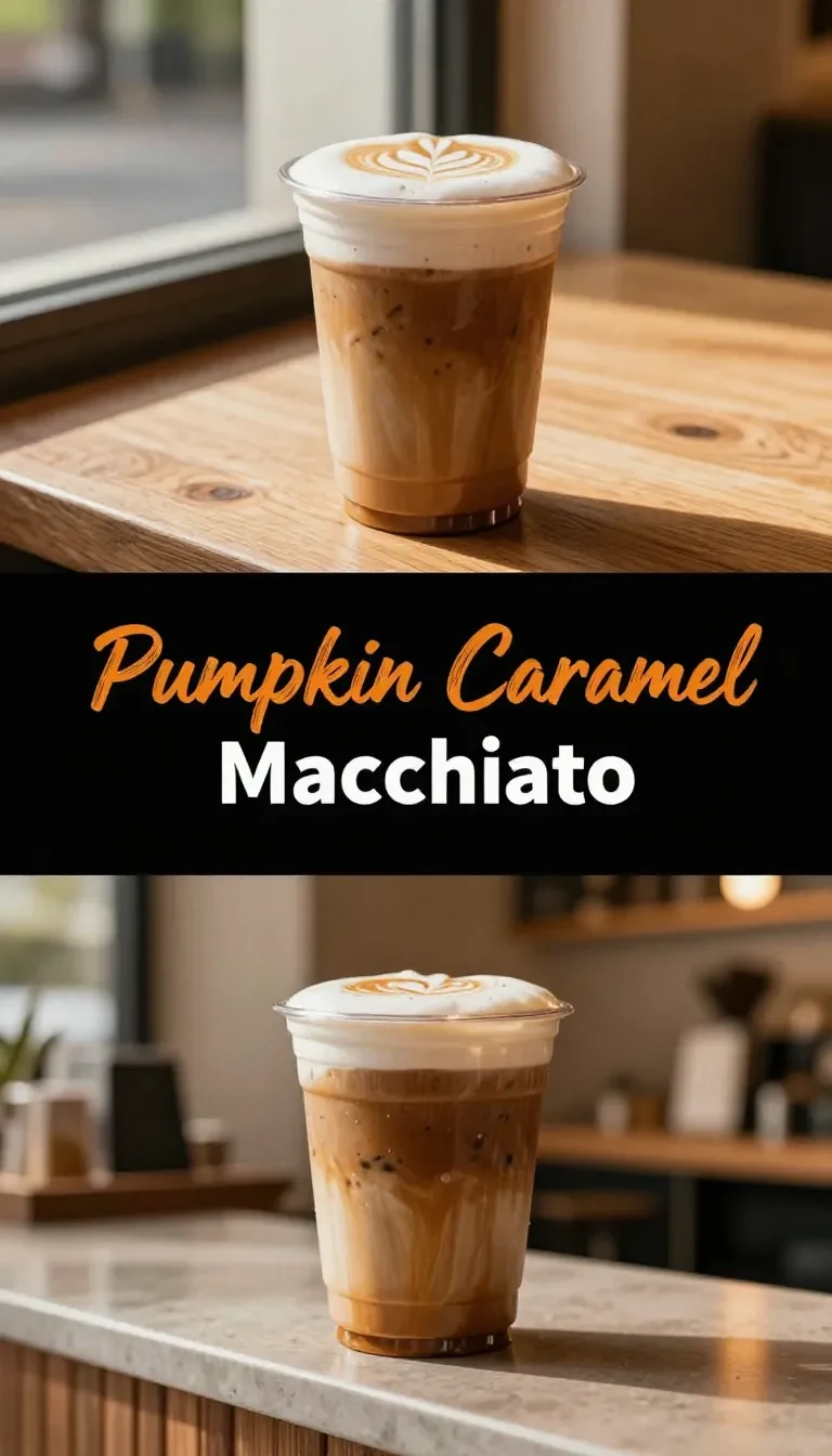 A close-up of a Starbucks Pumpkin Caramel Macchiato in a clear glass mug, topped with whipped cream and caramel drizzle.