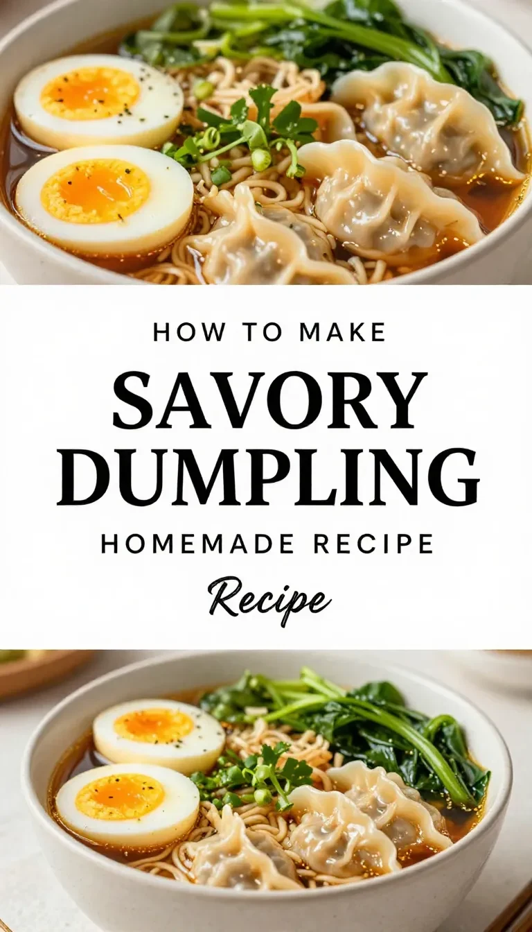 A savory bowl of ramen topped with dumplings, soft-boiled eggs, and fresh greens.