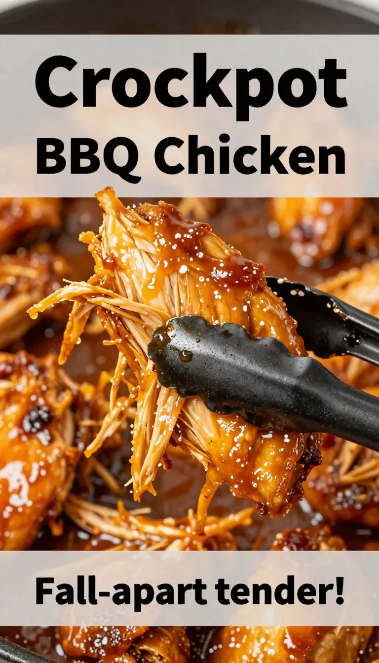 A crockpot filled with freshly cooked BBQ chicken for a pulled chicken recipe.