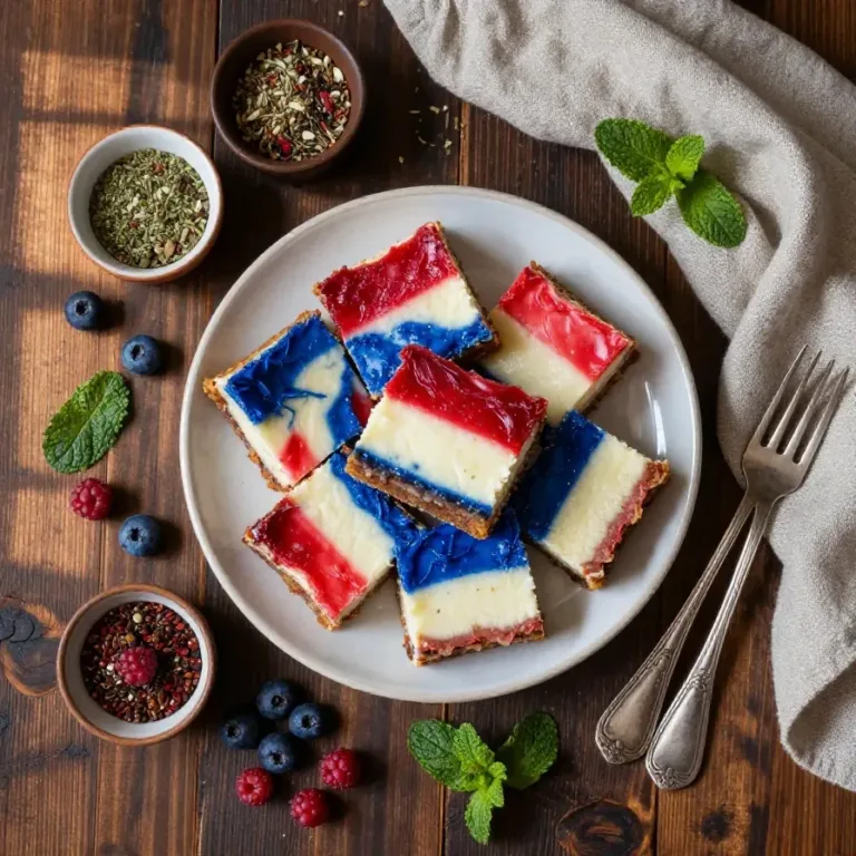Close-up of no-bake cheesecake bars decorated with a patriotic flag design using fresh berries.
