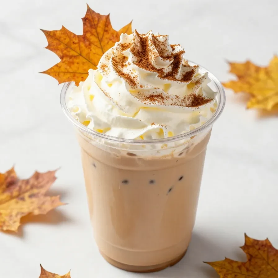 A homemade iced pumpkin cream chai tea latte in a glass with cinnamon garnish.