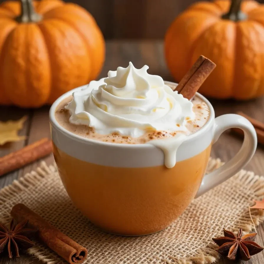 A steaming cup of pumpkin spice chai latte topped with whipped cream and cinnamon.