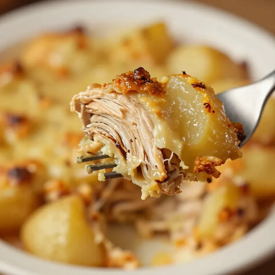 A slow cooker filled with cheesy ranch chicken and potatoes, perfect for a one-pot meal.
