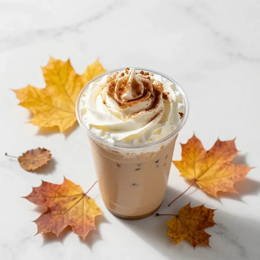 A homemade iced pumpkin cream chai tea latte in a glass with cinnamon garnish.