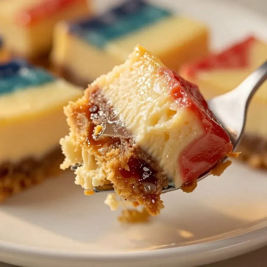 Close-up of no-bake cheesecake bars decorated with a patriotic flag design using fresh berries.