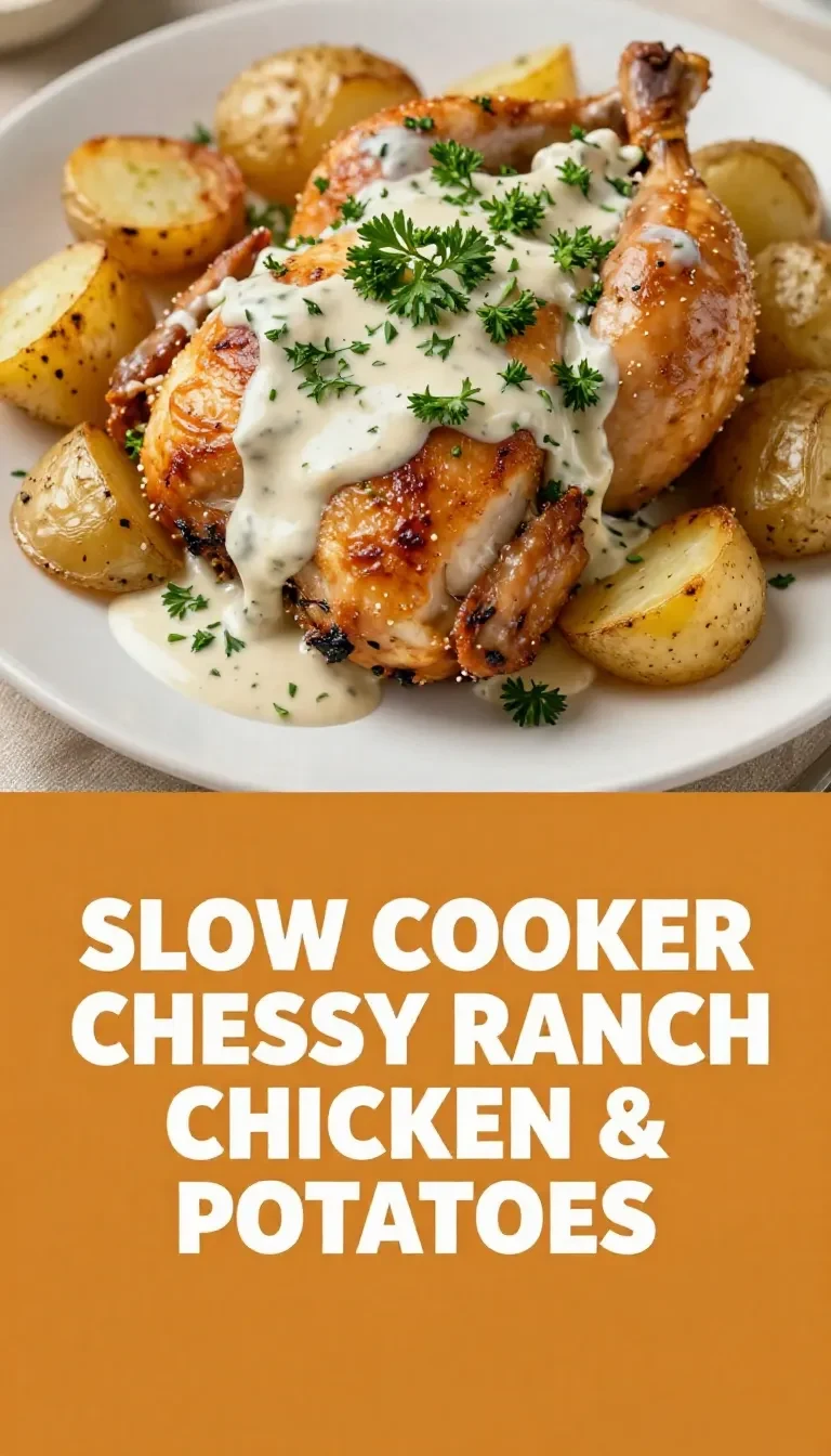A slow cooker filled with cheesy ranch chicken and potatoes, perfect for a one-pot meal.