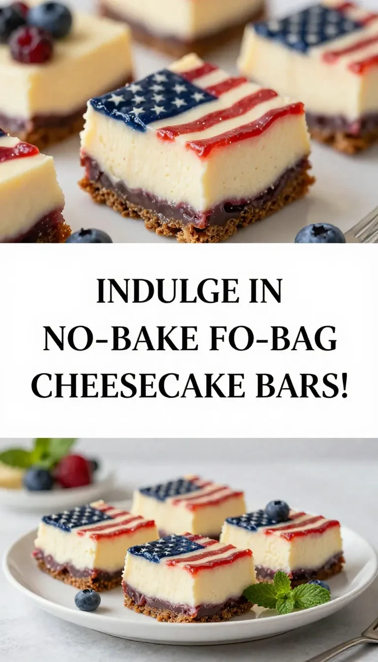 Close-up of no-bake cheesecake bars decorated with a patriotic flag design using fresh berries.