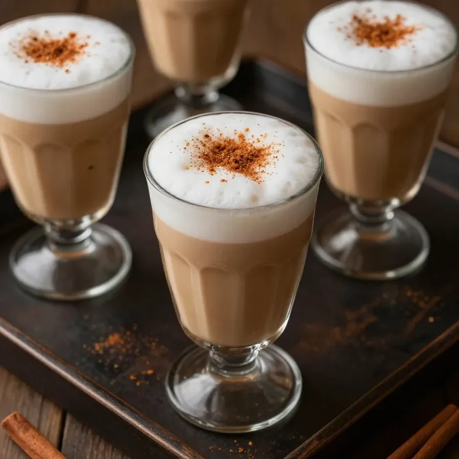 A glass of iced pumpkin cream chai latte topped with frothy cream and pumpkin spice.