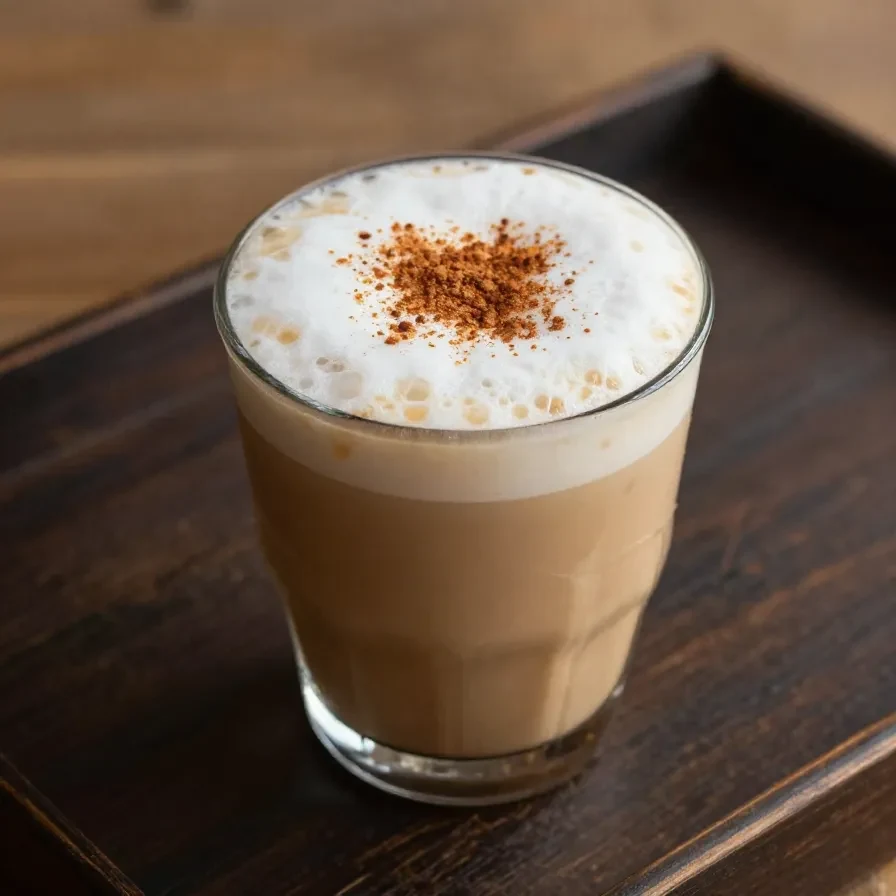 A glass of iced pumpkin cream chai latte topped with frothy cream and pumpkin spice.
