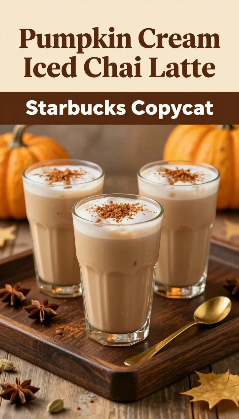 A glass of iced pumpkin cream chai latte topped with frothy cream and pumpkin spice.