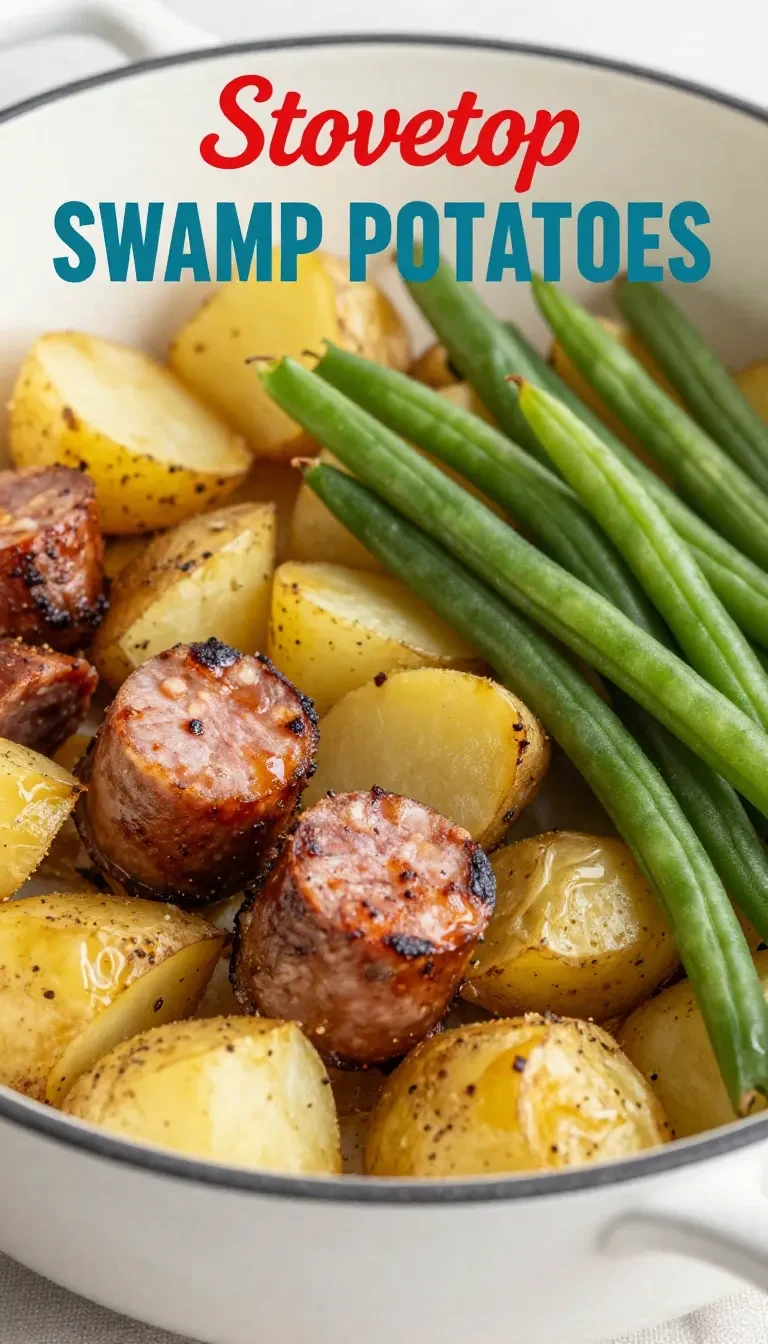 A cast iron skillet filled with golden brown swamp potatoes cooked on a stovetop.