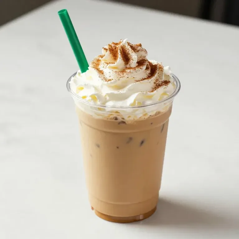 A homemade iced pumpkin chai latte served in a clear glass with ice cubes and a sprinkle of cinnamon on top.