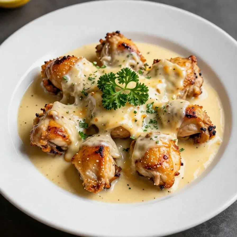A crockpot filled with garlic parmesan chicken and potatoes, garnished with fresh parsley.