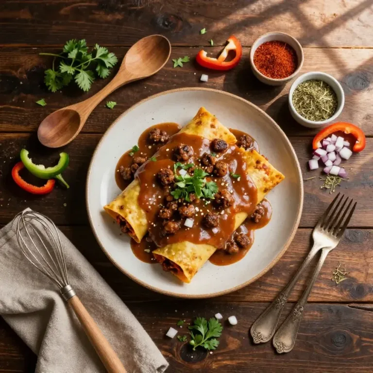 Breakfast Enchiladas with Sausage Gravy A plate of breakfast enchiladas topped with creamy sausage gravy, garnished with fresh herbs.