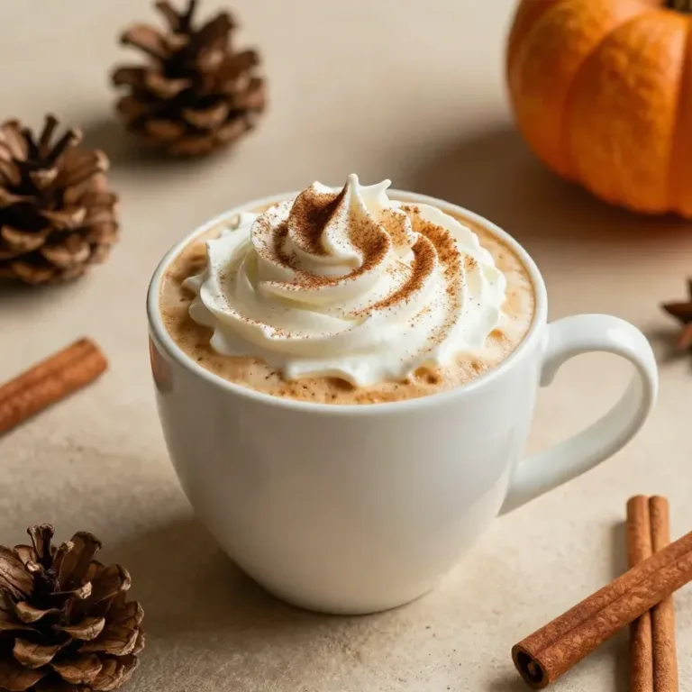 Pumpkin Spice Latte Starbucks Copycat Recipe A homemade pumpkin spice latte served in a mug with cinnamon sticks and pumpkin decorations.