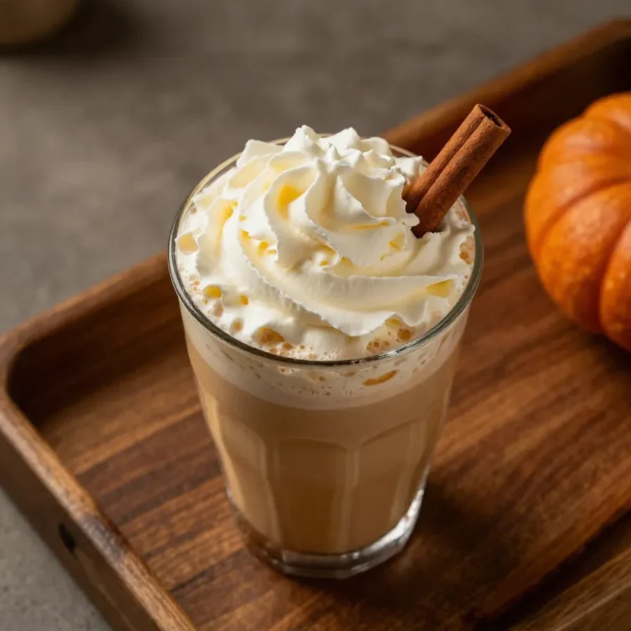 A cozy pumpkin chai latte in a Starbucks-inspired cup surrounded by autumn decorations.