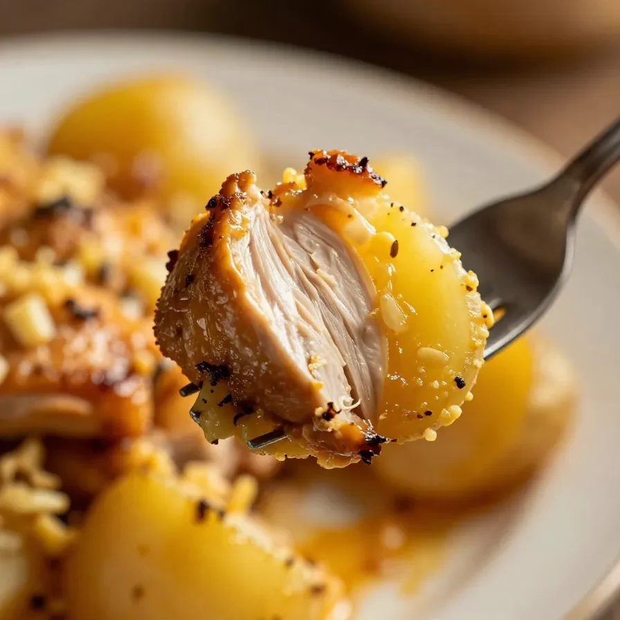 A crockpot filled with garlic parmesan chicken and potatoes, garnished with fresh parsley.