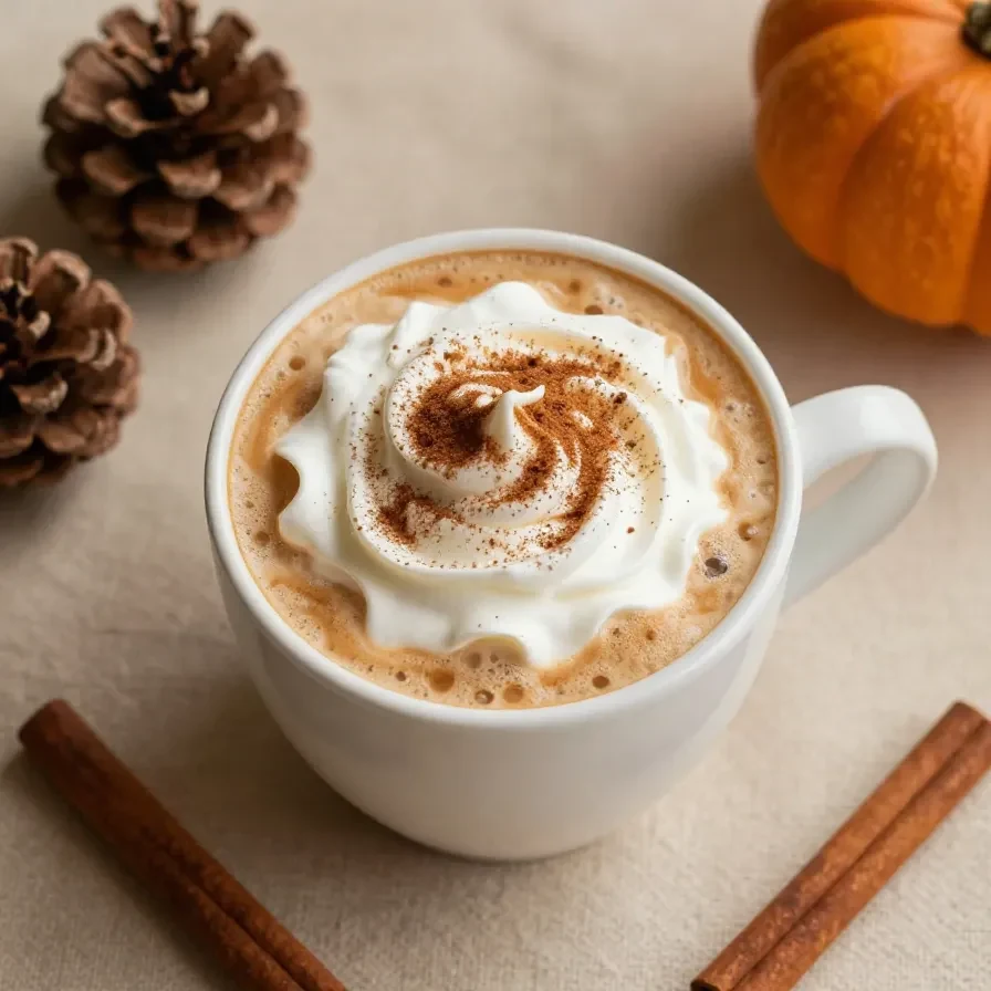 A homemade pumpkin spice latte served in a mug with cinnamon sticks and pumpkin decorations.