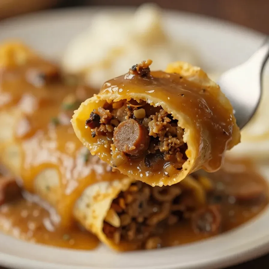 A plate of breakfast enchiladas topped with creamy sausage gravy, garnished with fresh herbs.