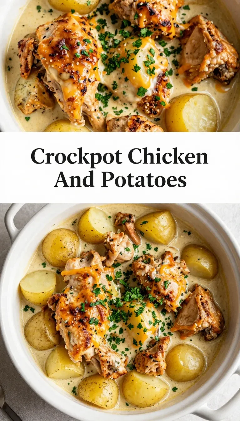 A crockpot filled with garlic parmesan chicken and potatoes, garnished with fresh parsley.