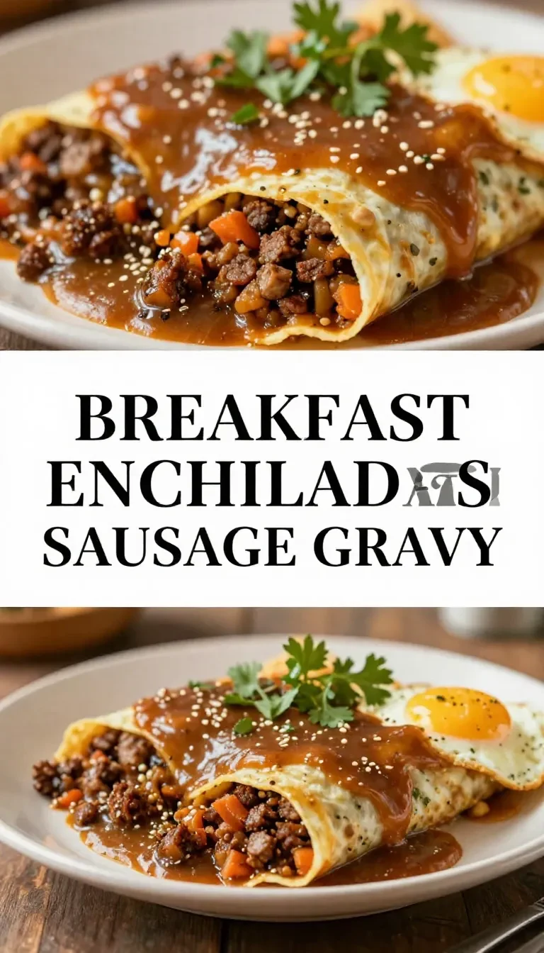 A plate of breakfast enchiladas topped with creamy sausage gravy, garnished with fresh herbs.