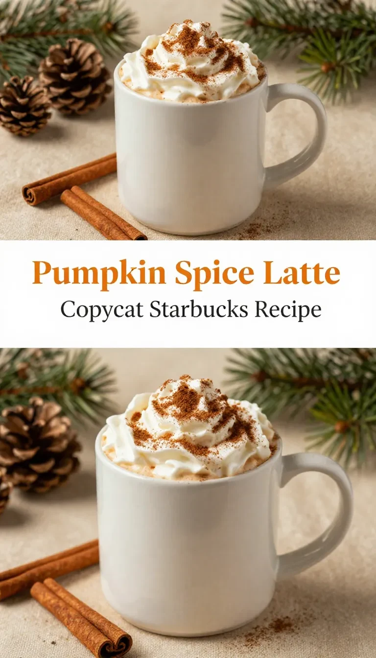 A homemade pumpkin spice latte served in a mug with cinnamon sticks and pumpkin decorations.