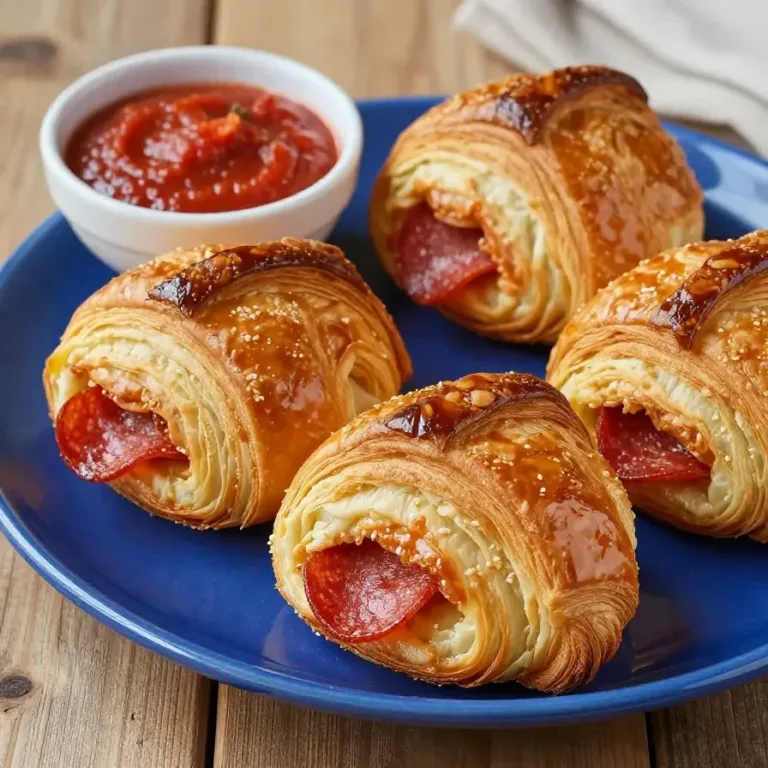 Pepperoni Crescent Rolls Golden-brown pepperoni crescent rolls fresh out of the oven on a wooden table.