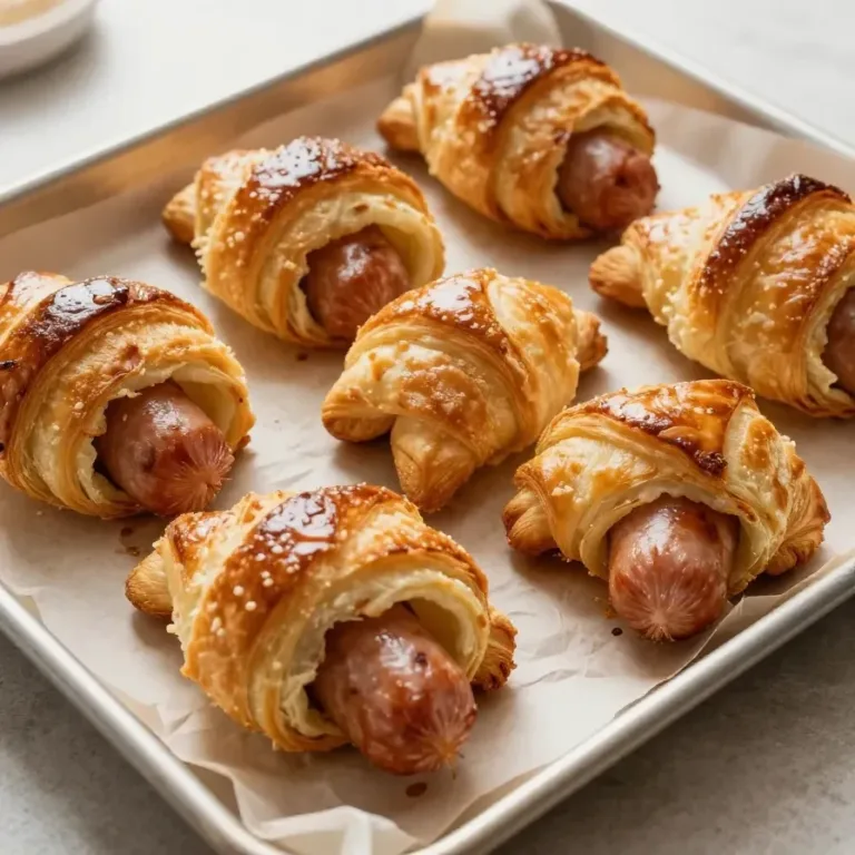 Golden-brown pigs in a blanket served on a white plate with a side of dipping sauce.