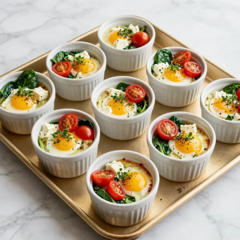 Mediterranean Baked Feta Eggs A close-up of Mediterranean baked feta eggs served in a skillet with fresh herbs and cherry tomatoes.