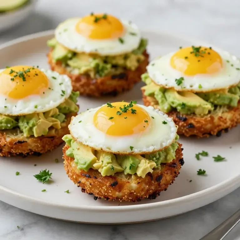 Crispy Hash Brown Avocado Egg Cups for Easy Breakfast & Brunch A close-up of crispy hash brown avocado egg cups served on a white plate, perfect for breakfast or brunch.