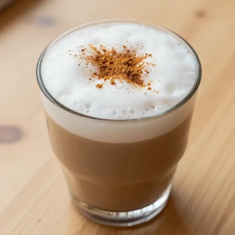 Iced Chai Latte With Pumpkin Cold Foam A glass of iced chai latte topped with creamy pumpkin cold foam on a wooden table.